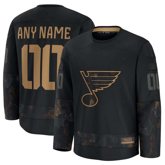 Custom St. L.Blues Fanatics 2024 Military Appreciation Personalized Long Sleeve Practice Jersey - Black Stitched American Hockey Jerseys