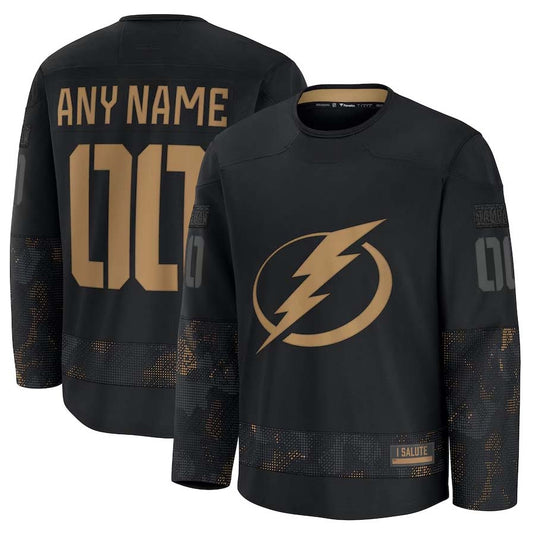 Custom TB.Lightning Fanatics 2024 Military Appreciation Personalized Long Sleeve Practice Jersey - Black Stitched American Hockey Jerseys