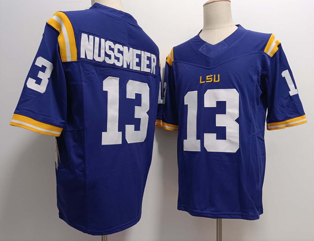 L.Tigers #13 Garrett Nussmeier Purple FUSE Stitched American College Jerseys