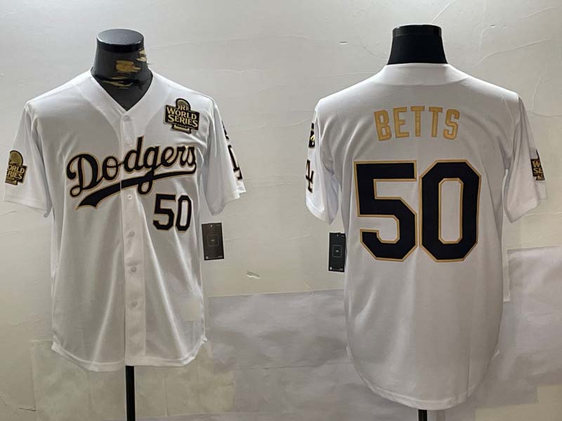 Los Angeles Dodgers #50 Mookie Betts White Gold 2024 World Series With Fernando Memorial Patch Limited Stitched Baseball Jerseys