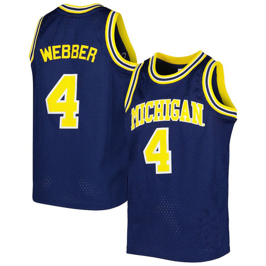 M.Wolverines #4 Chris Webber Mitchell & Ness Swingman Replica Jersey Navy Stitched American College Jerseys