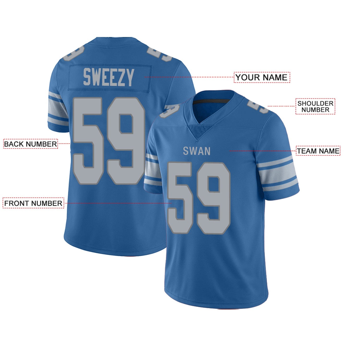 Custom D.Lions Football Jersey Team Player or Personalized Design Your Own Name for Men's Women's Youth Jerseys Blue